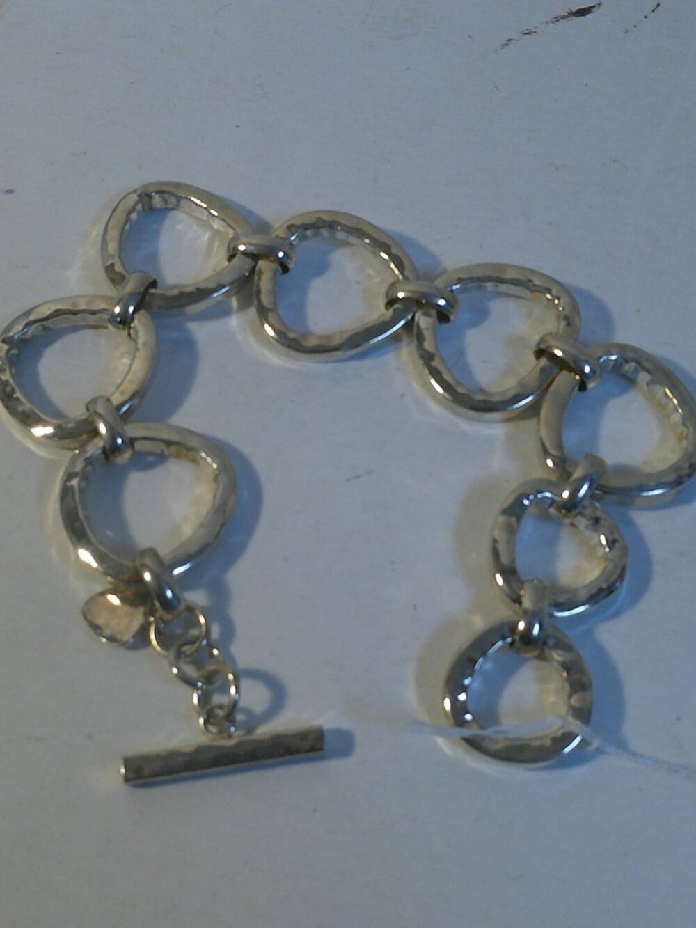 Hammered Open Circle Link Toggle Bracelet Silver Tone - SB6 D3